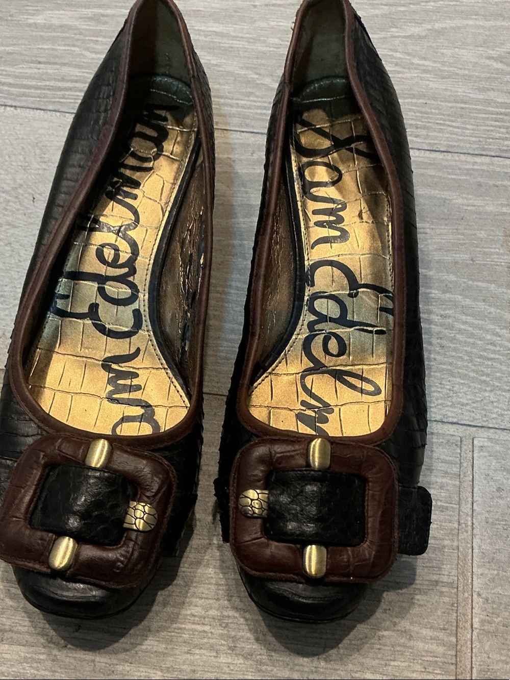 Sam Edelman Hadley Two-Tone Black and Brown Buckle Kitten Heels Women’s Sz 8M